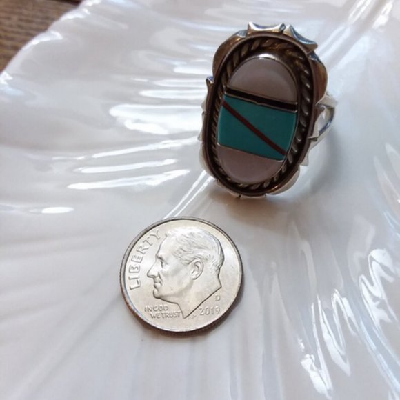 TURQUOISE MOP Ring | Vintage - Native - Sterling | Coral, Jet & Turquoise - Picture 7 of 7